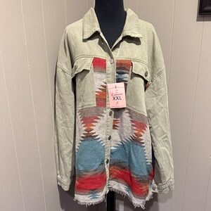 Lumister Women XXL Southwestern Style Jean Jacket Shacket - Multicolor Boho Knit